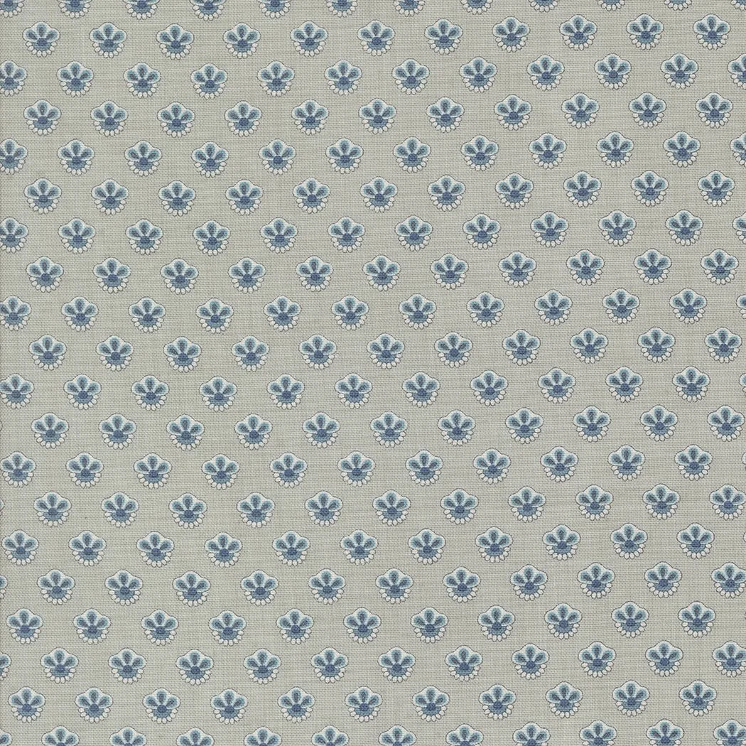 Pattern of small blue and white flowers on a light beige background.