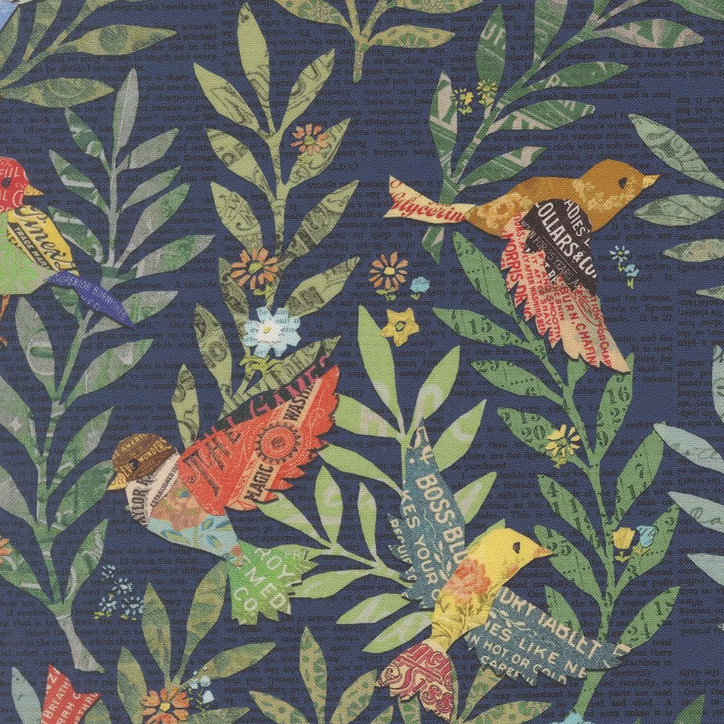 Fabric with a botanical pattern of green leaves and small flowers featuring colorful birds made of magazine collage cutouts on a dark blue background.