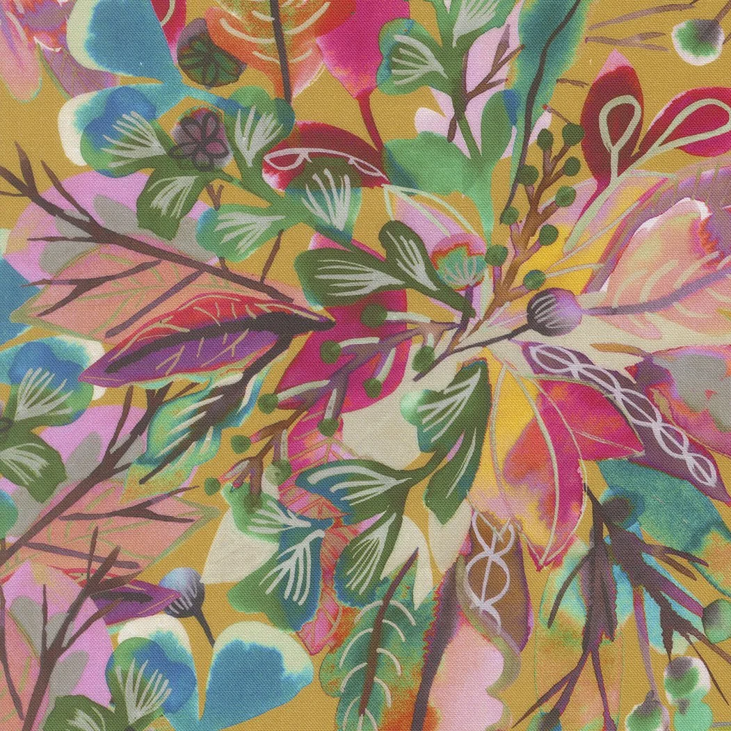 Colorful abstract pattern with various leaves and branches in shades of green, pink, purple, blue, and yellow.