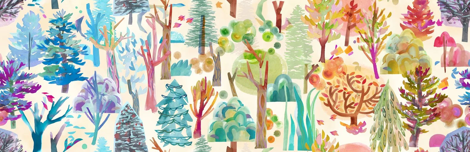 Colorful illustrated forest scene with various trees and bushes in different colors and shapes, with some falling leaves.