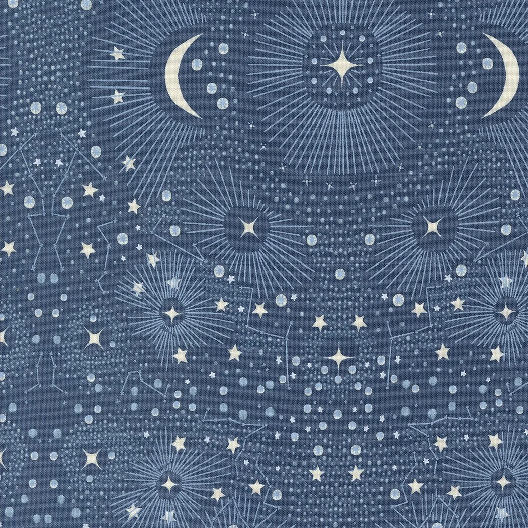 Night sky themed fabric with white crescent moons, stars, and constellation patterns on a blue background.
