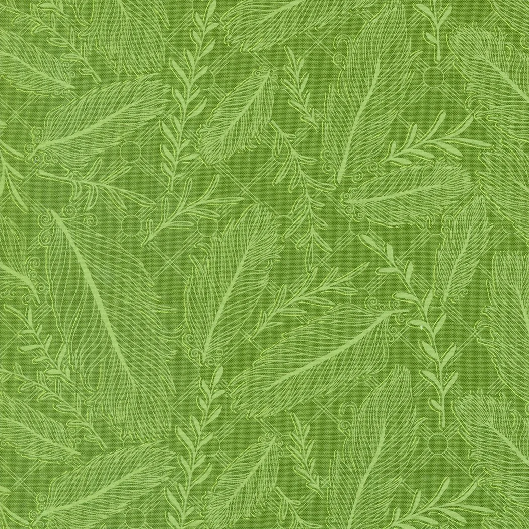 Green fabric with a pattern of white line drawings of feathers, leaves, and floral elements.