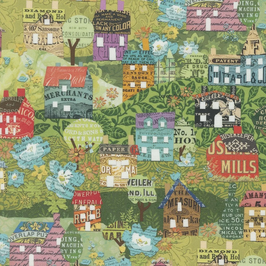 A collage of various vintage advertisements, labels, and illustrations featuring flowers, buildings, and text in different colors and font styles.