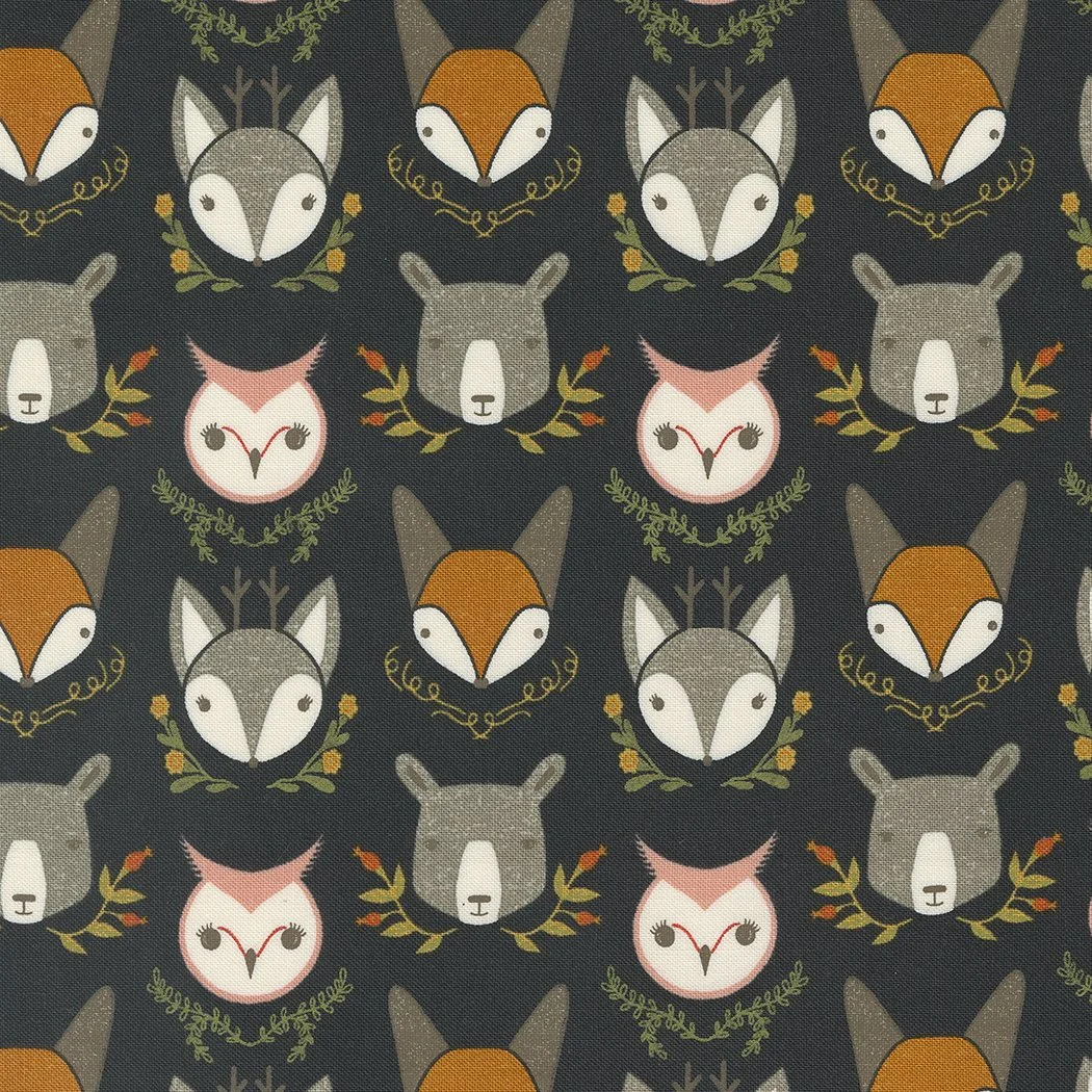 Pattern featuring stylized animal faces including foxes, owls, bears, and raccoons, arranged in a repeating design on a dark background.