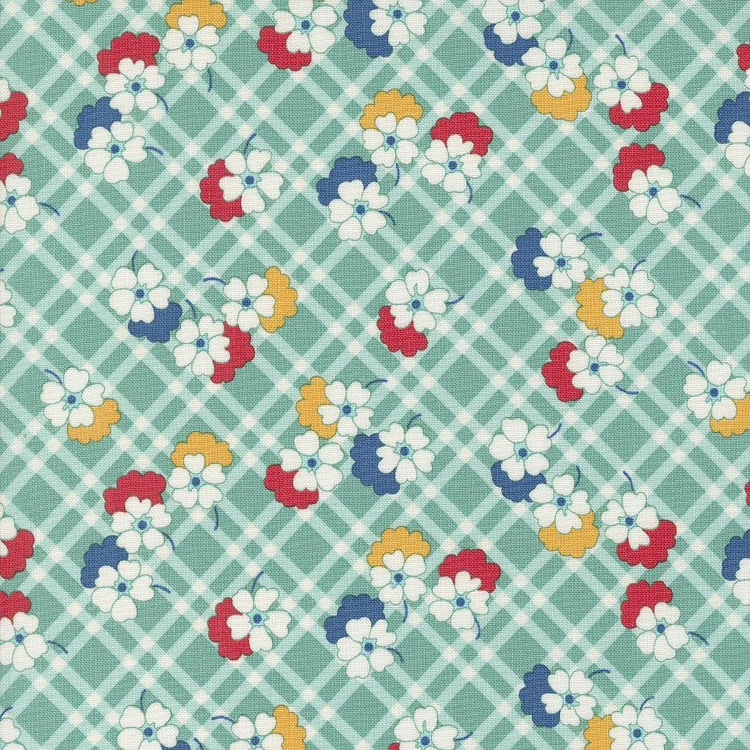 A fabric pattern featuring small white, yellow, red, and blue flowers on a teal and white checkered background.