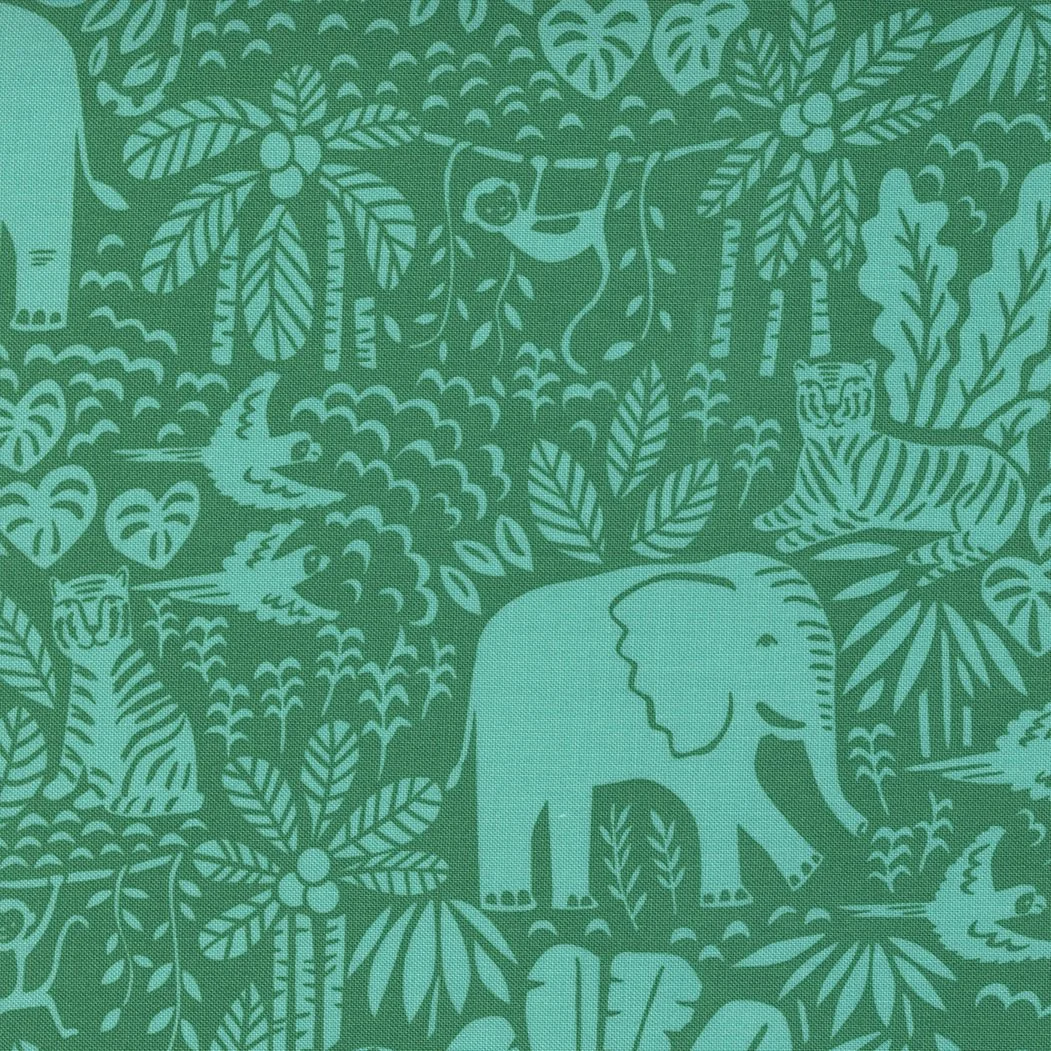 Pattern featuring jungle animals and plants, including an elephant, tiger, monkey, zebra, birds, and various tropical leaves in turquoise and teal colors.