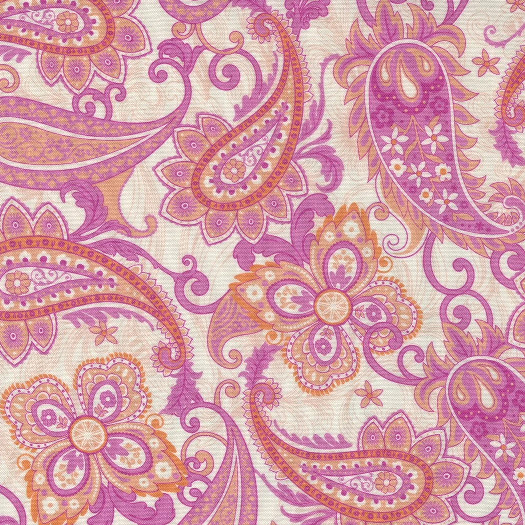 A colorful paisley pattern featuring pink, orange, and purple floral and leaf designs on a light background.