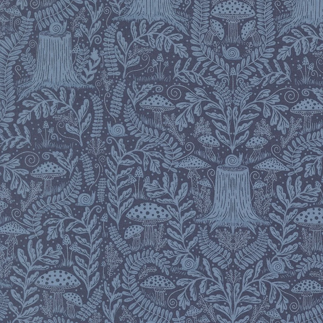 Blue fabric with a white woodland pattern featuring mushrooms, leaves, and tree stumps.