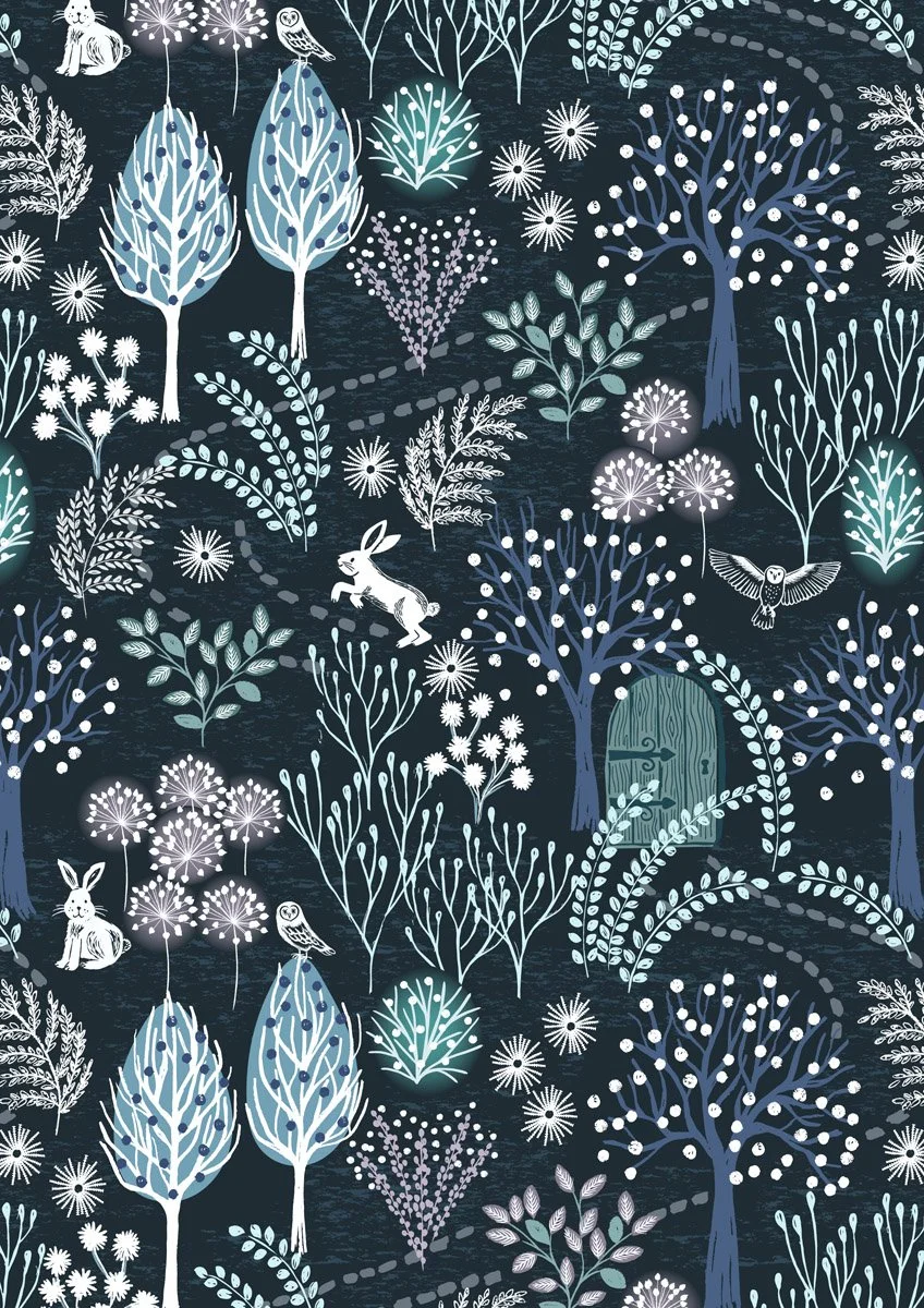 A whimsical forest scene with white and light blue trees, bushes, flowers, and foliage on a dark background. Include animals like rabbits, owls, and an owl in flight, as well as a hidden wooden door among the trees.