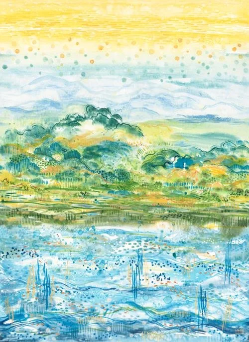 Watercolor landscape featuring mountains, trees, and a body of water with a sky in shades of yellow, blue, and green.