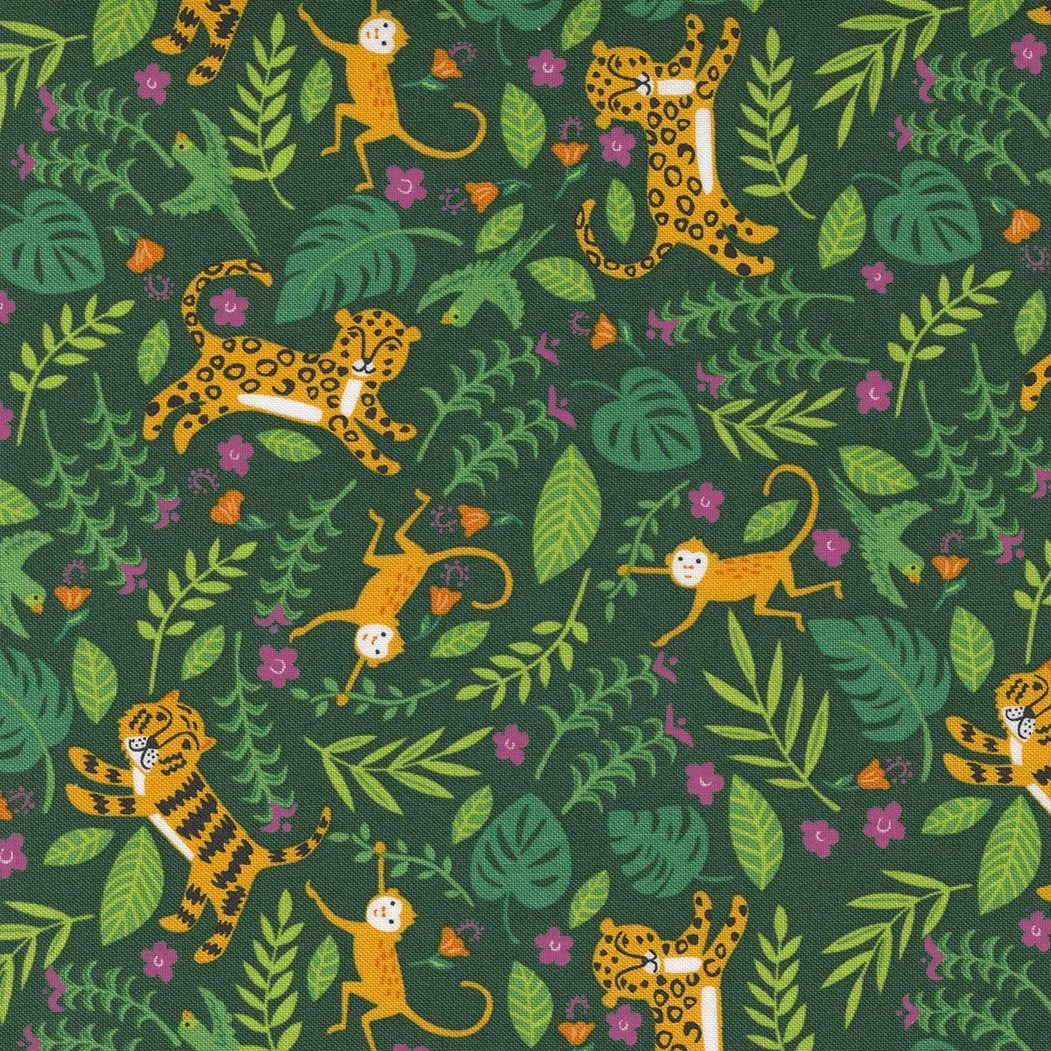 Pattern with cartoon tigers and monkeys in a jungle filled with green leaves and pink and orange flowers.