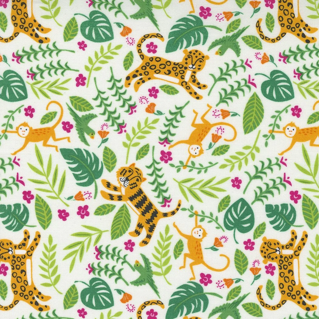 Pattern featuring cartoon jungle animals including leopards, tigers, monkeys, and various green leaves and pink flowers.