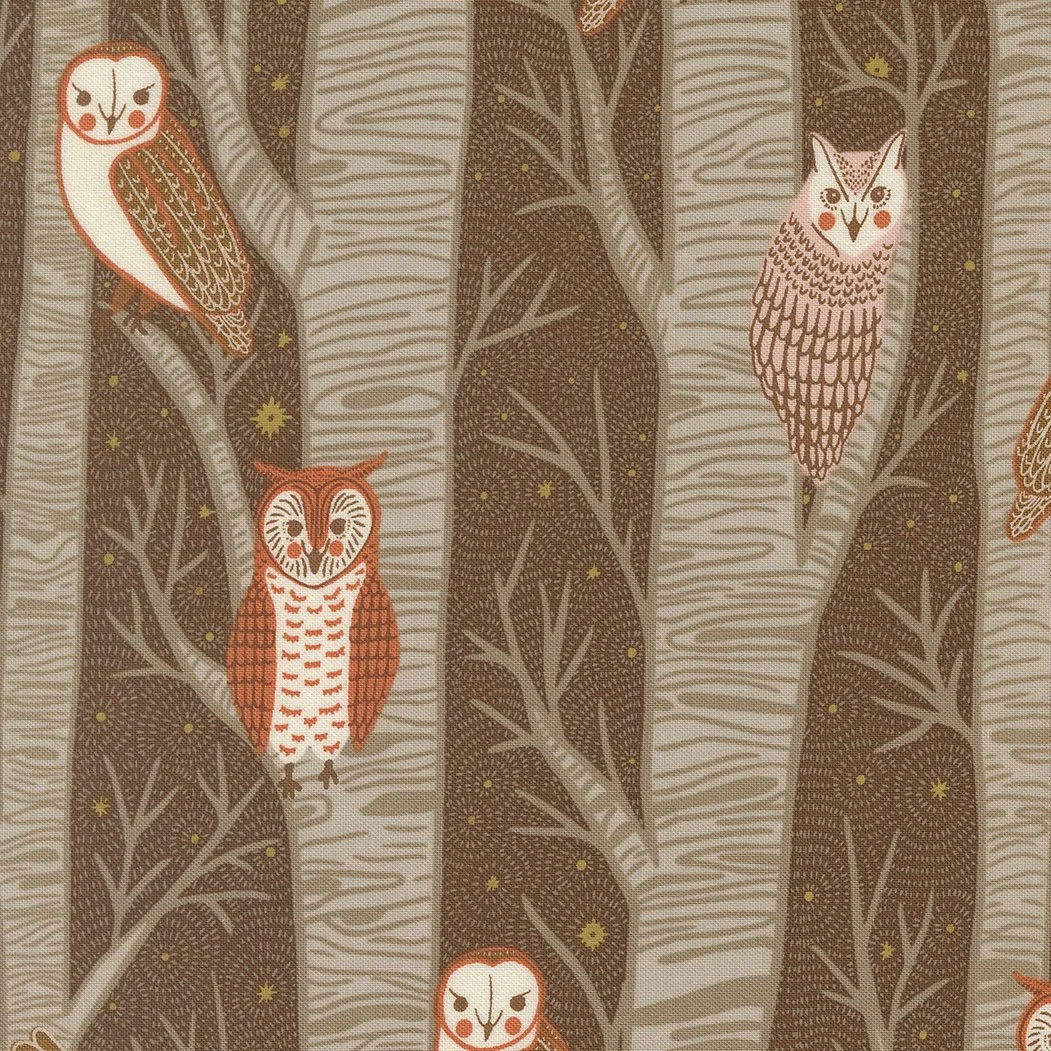 Pattern of stylized owls and trees in earth tones and pastel colors with yellow accents.