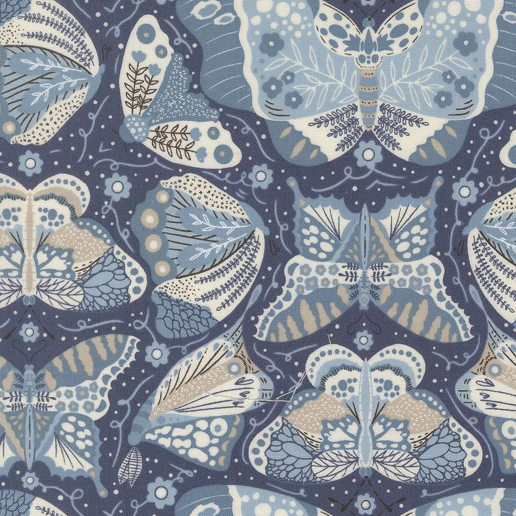 A pattern featuring various blue and beige butterflies and moths, with decorative leaves and floral elements on a dark blue background.