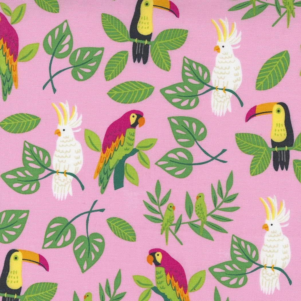 Pattern featuring colorful tropical birds, including toucans, parrots, cockatoos, and small green birds, surrounded by green leaves on a pink background.
