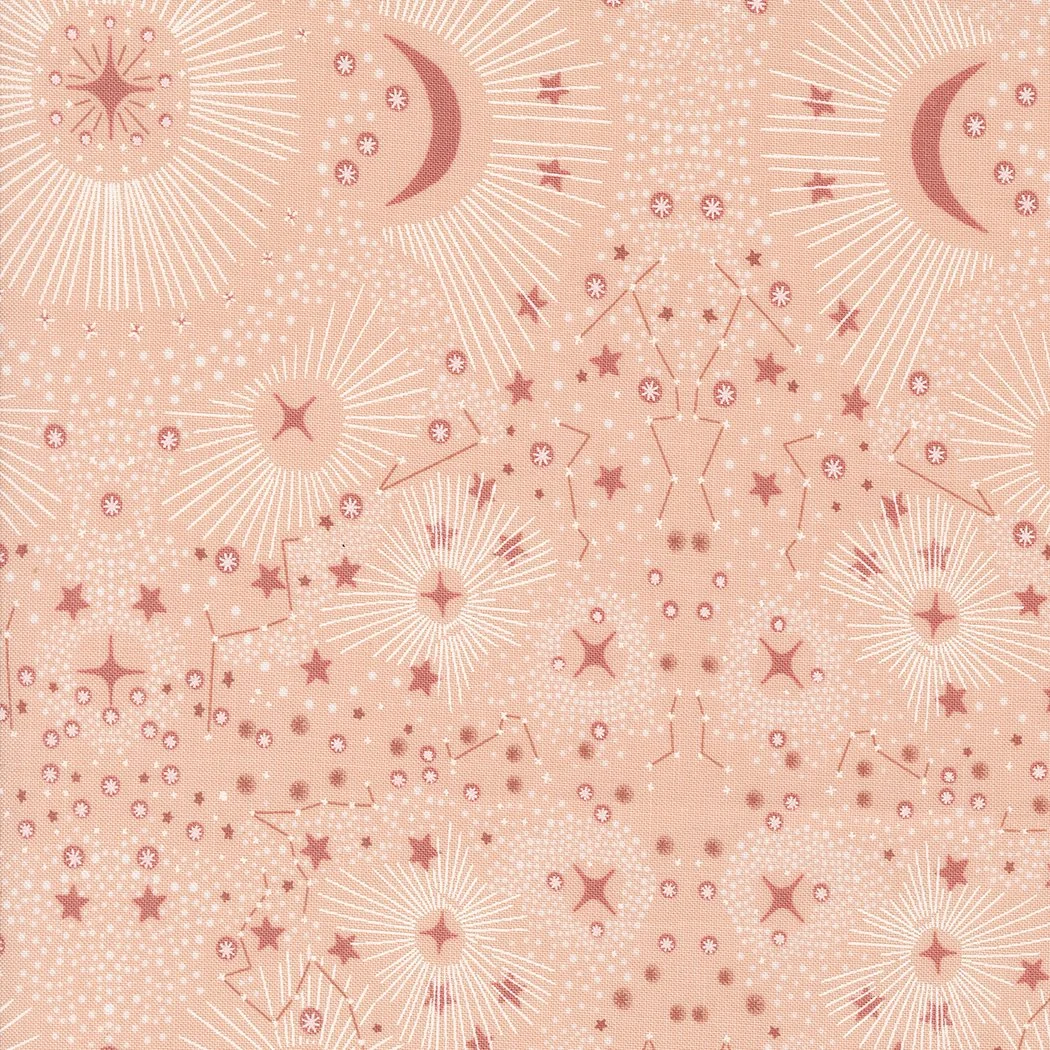 Pattern of fireworks, stars, moons, and constellations on a pink background.