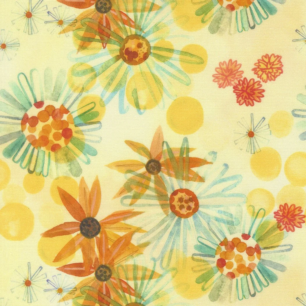 A colorful, abstract pattern with various stylized flowers and circular shapes in shades of orange, yellow, green, and blue on a light background.