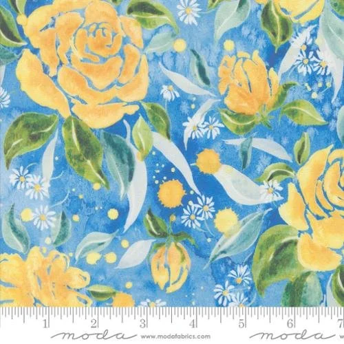 Floral fabric pattern featuring yellow roses, white daisies, green leaves, and blue background with white ribbons.