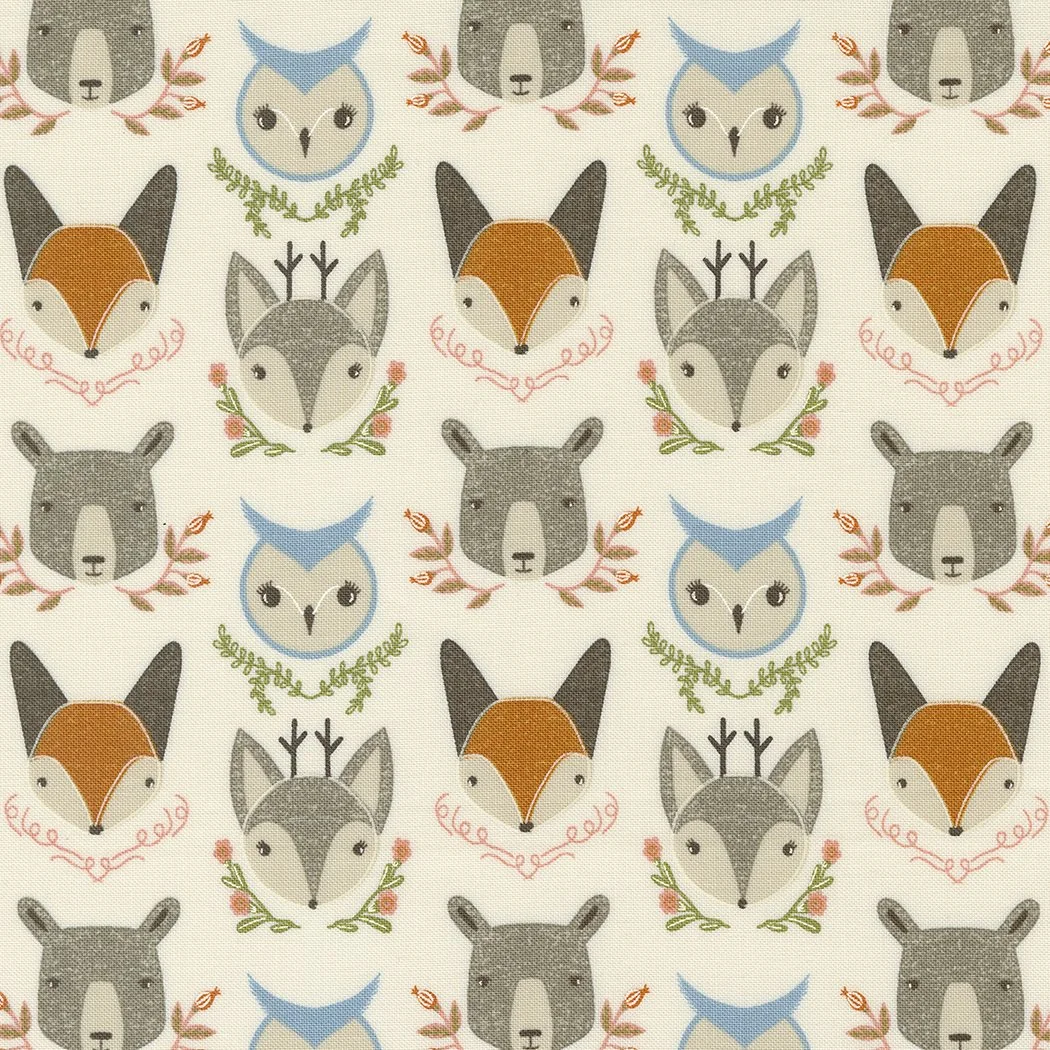Pattern of illustrated woodland animals including bears, owls, foxes, and deer, with floral and leafy accents on a light background.