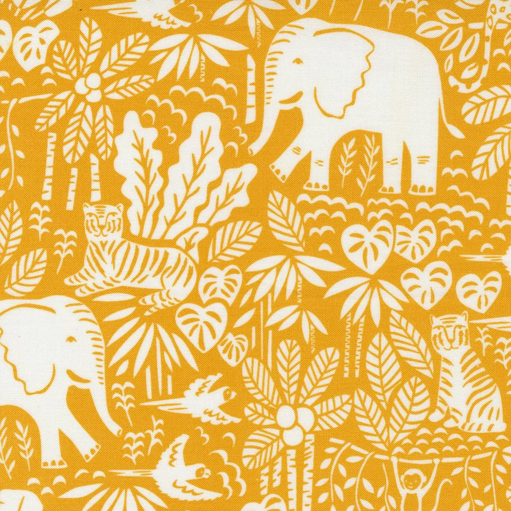 Pattern featuring white elephants, tigers, palm trees, birds, and tropical foliage on an orange background.