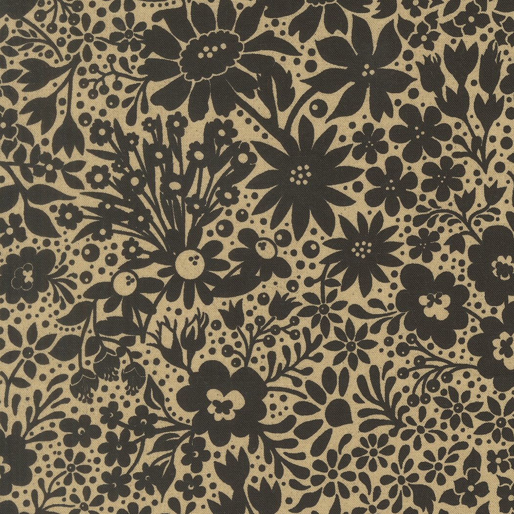 Black floral pattern on a beige background.