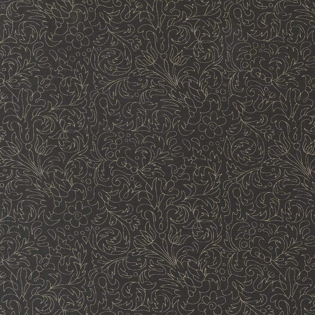 Black fabric with intricate light gray floral and foliage pattern