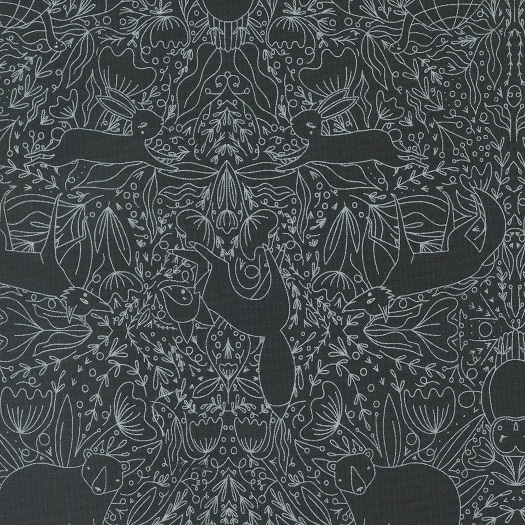Black fabric with white line-drawing pattern featuring rabbits, mice, and botanical elements arranged symmetrically.