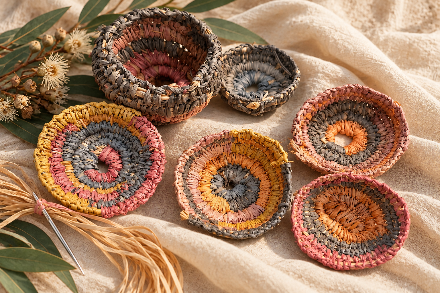 Colourful woven small baskets displayed with dried flowers and leaves.