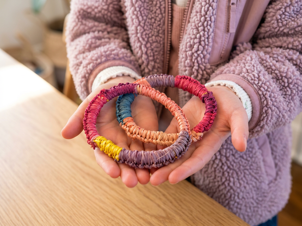 Child holding colourful handmade woven bracelets during a Wanala Weaving workshop.