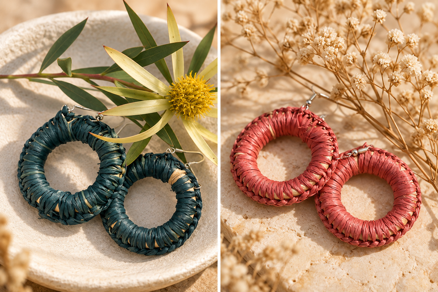 Two pairs of woven hoop earrings in dark green and red, styled with dried flowers and leaves.