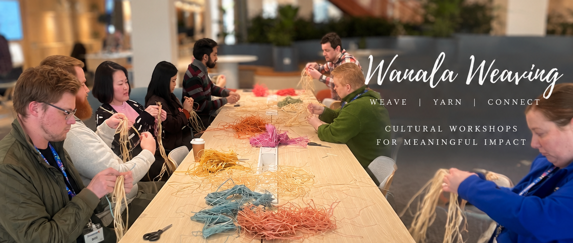 Participants sitting together and weaving with colourful materials during a Wanala Weaving workshop.