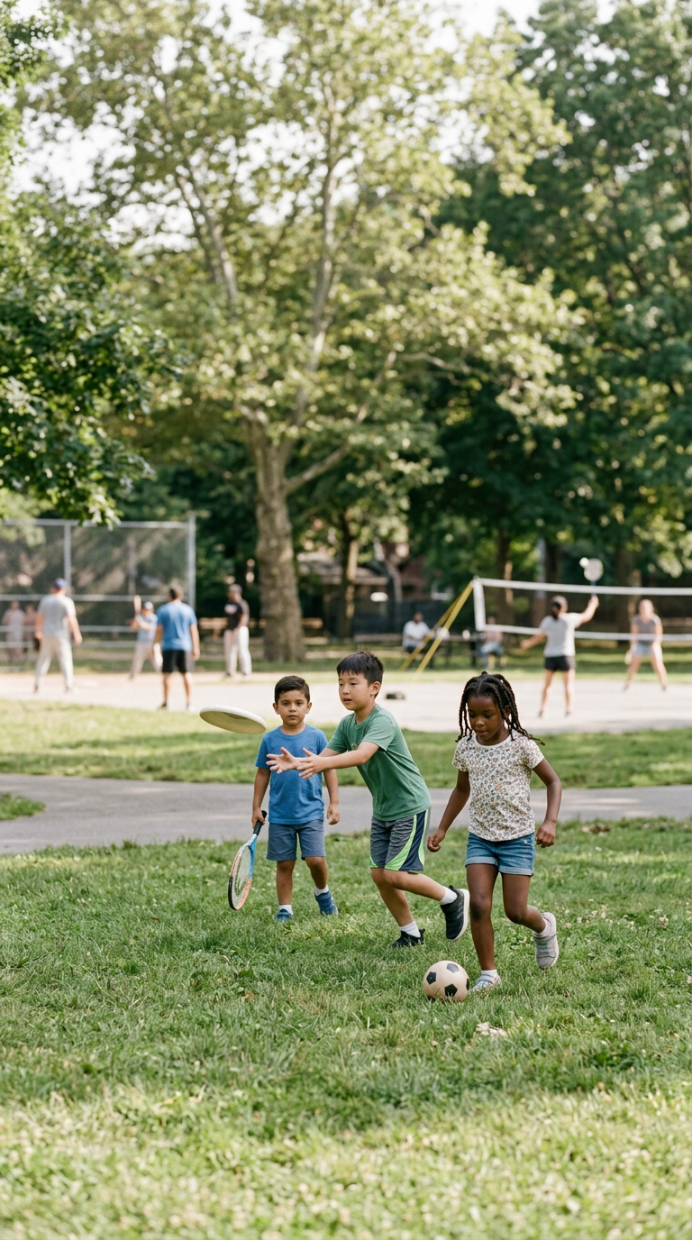 Children playing soccer with a soccer ball on a grassy field, with a group of people playing volleyball in the background at a park.