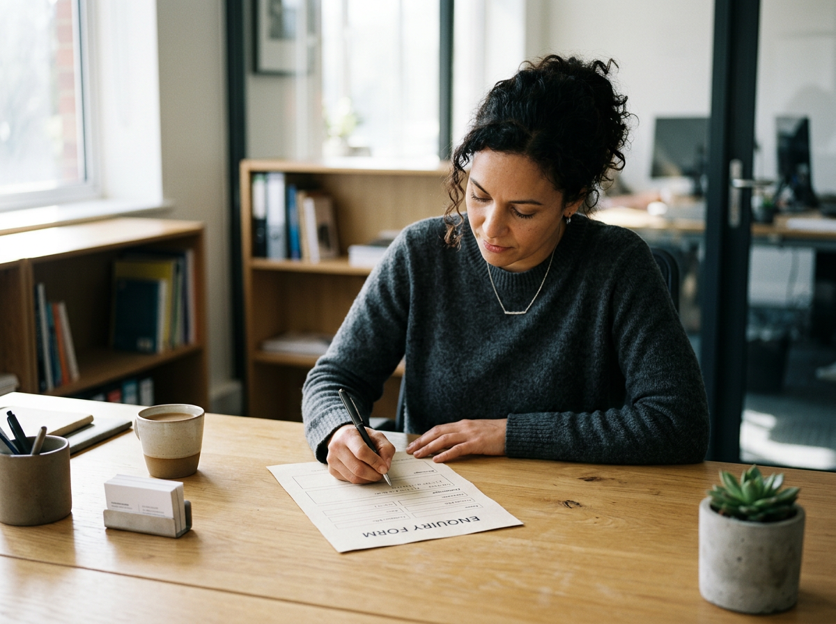 A woman with curly dark hair, wearing a dark gray sweater, is sitting at a wooden desk, filling out a form titled 'ENQUIRY FORM' with a black pen. There are a coffee mug, a small plant, and office supplies on the desk, with bookshelves and large windows in the background.