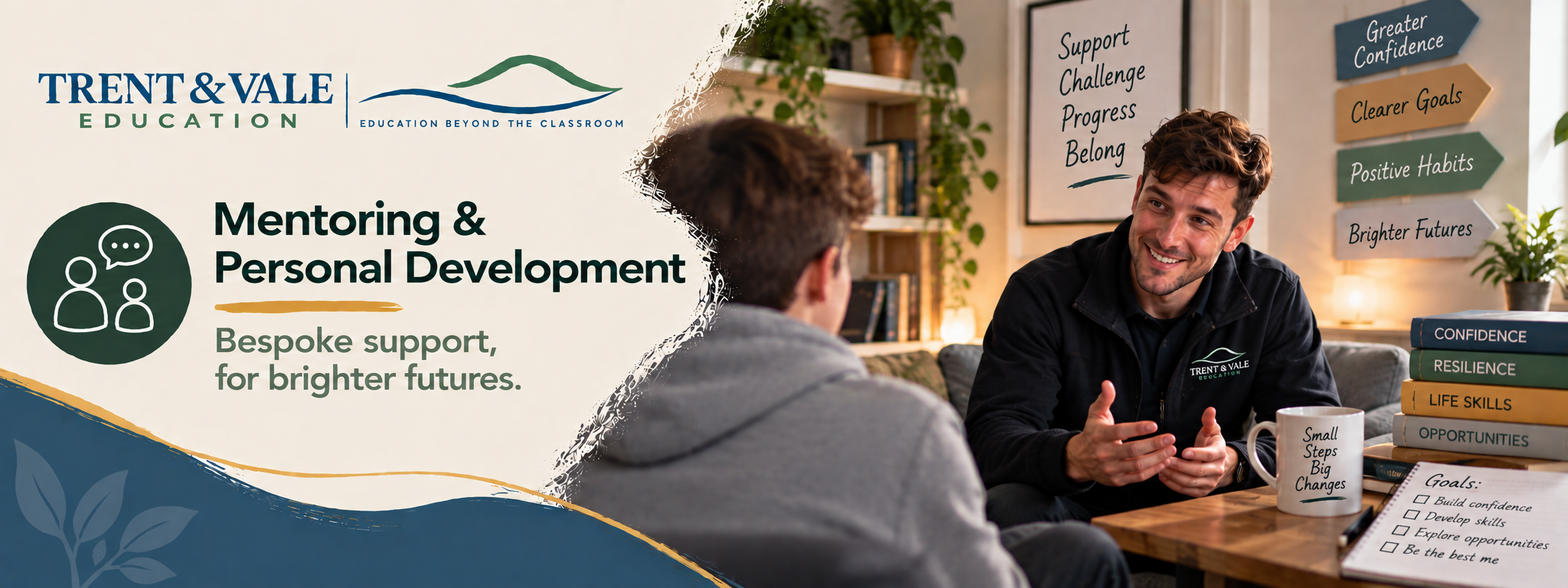 A counseling session with a smiling counselor talking to a client, with books on personal development, motivational signs on the wall, and a laptop on the table.