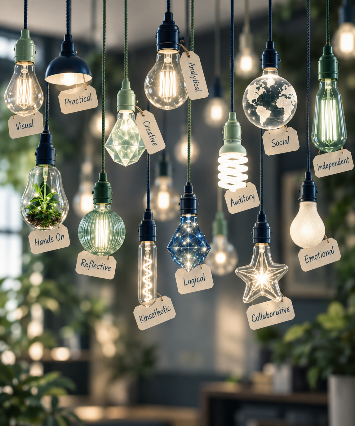Hanging decorative light bulbs with tags labeled with words like Practical, Analytical, Visual, Creative, Reflective, Logical, Kinesthetic, Auditory, Emotional, Social, Independent, Hands On, Reflective, Collaborative, and different shapes and designs of bulbs.