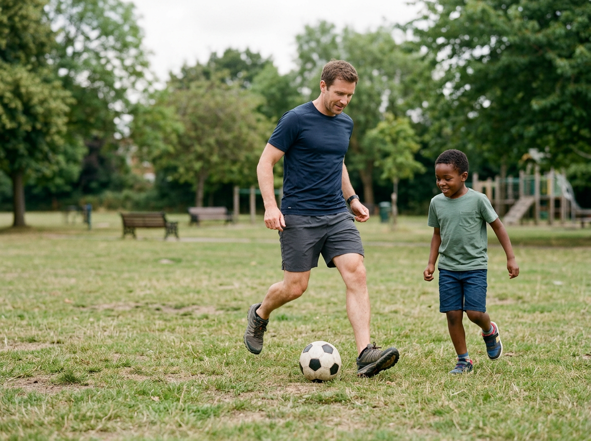 A man and a boy playing soccer in a park with trees and benches in the background.