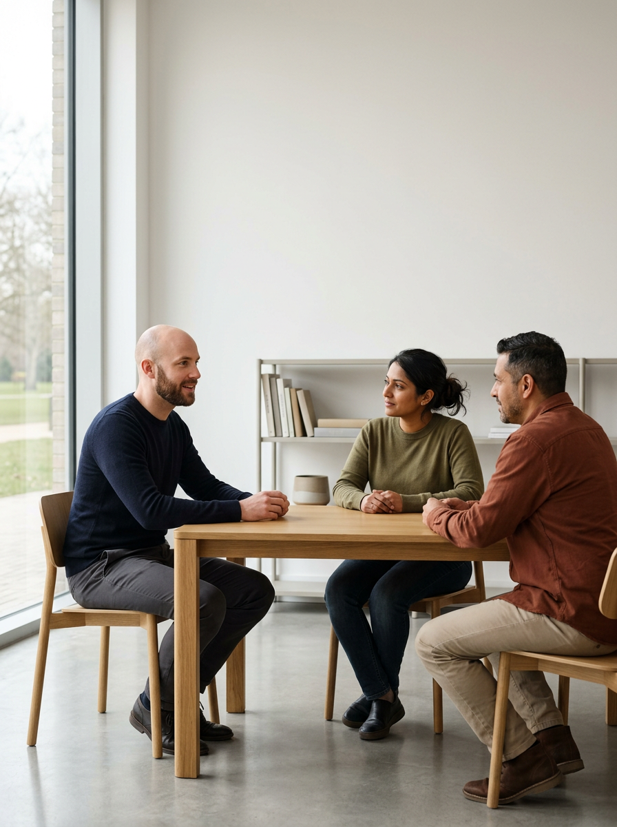 Three people sitting at a table having a conversation in a bright, modern room with large windows and a bookshelf in the background.