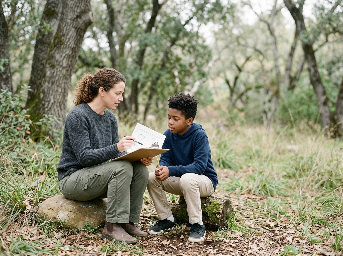 A woman and a boy sitting on logs in a wooded area, discussing something on a clipboard and a notebook.