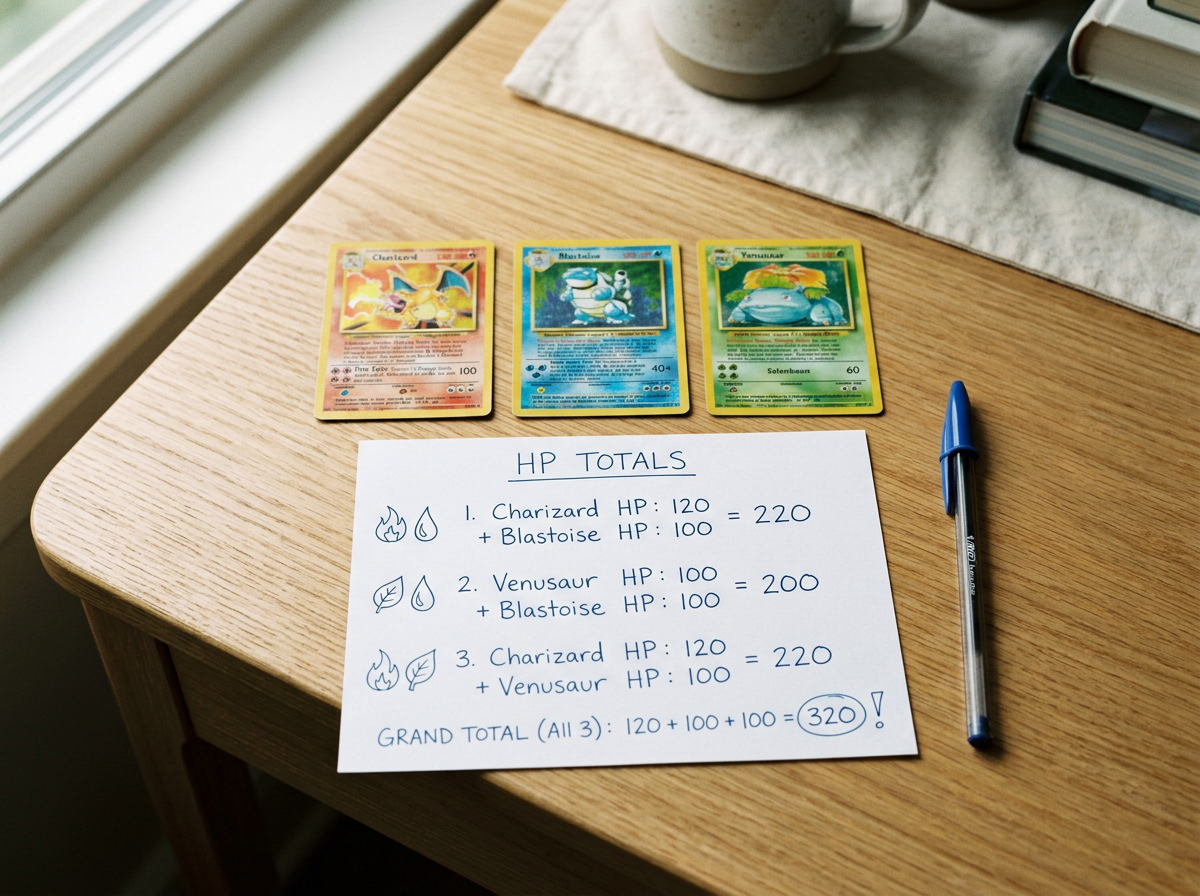Three Pokémon trading cards, a handwritten list of Pokémon attack points, and a pen on a wooden table near a window. The cards include Charizard, Blastoise, and Venusaur.