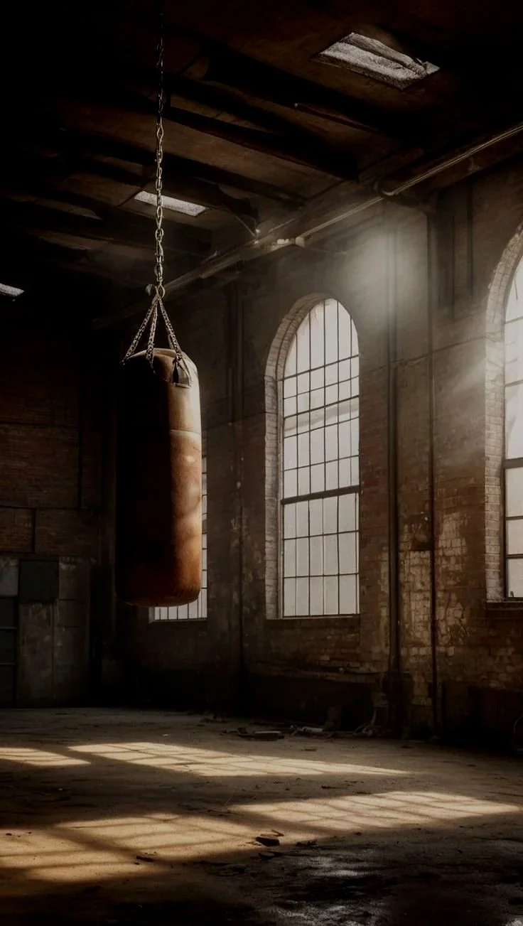 A boxing punching bag hanging from the ceiling in an abandoned, dimly lit industrial-style gym with large arched windows letting in natural light.