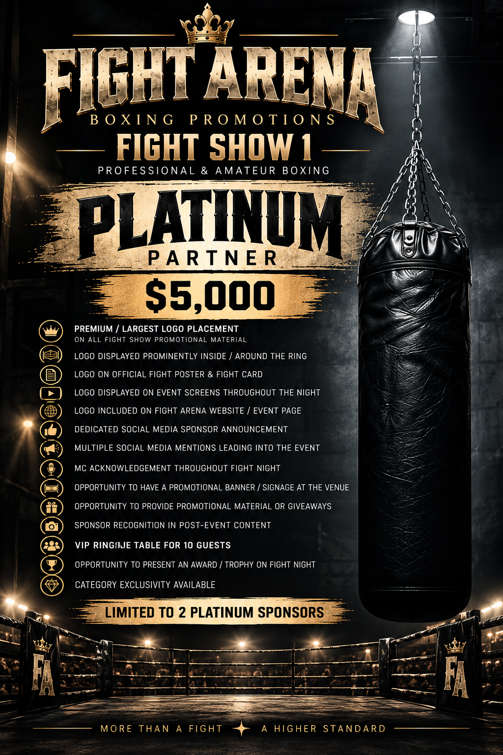 Poster for Fight Arena boxing event promoting Fight Show 1 with Platinum Partner sponsorship, featuring a black punching bag hanging in a boxing ring with lighting, and details about sponsorship benefits and event recognition.