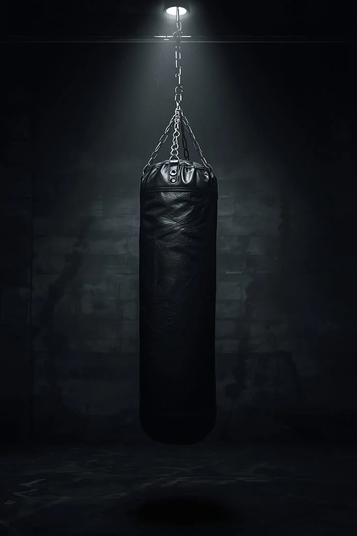 A black punching bag hanging from the ceiling in a dark gym with a spotlight overhead.