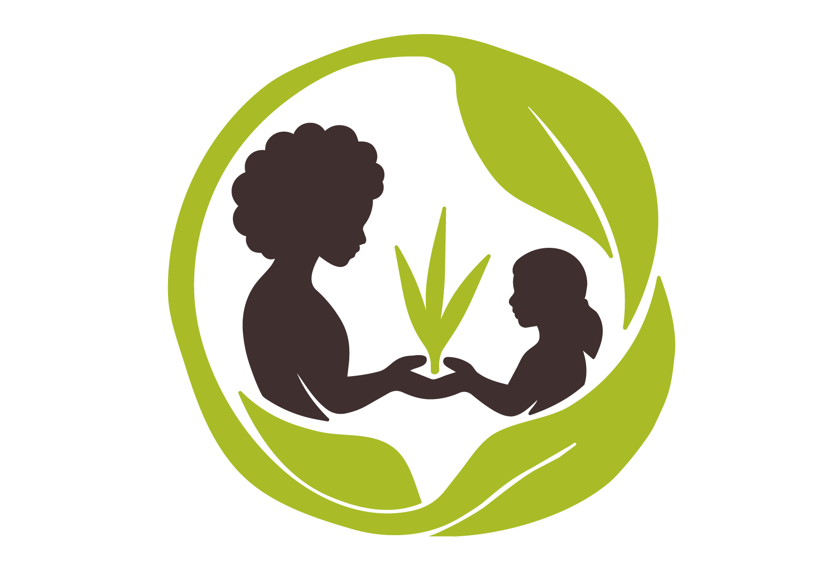Silhouette einer Frau und eines Kindes, die eine Pflanze zwischen ihnen halten, umgeben von einem grünen Blattkreis.