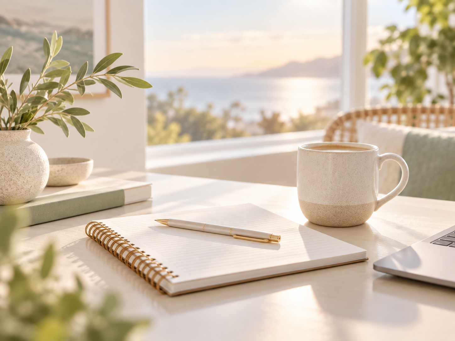 A cozy workspace with a notebook and pen on a white table, a cup of coffee, potted plants, and a view of the sunset over the ocean through the window.