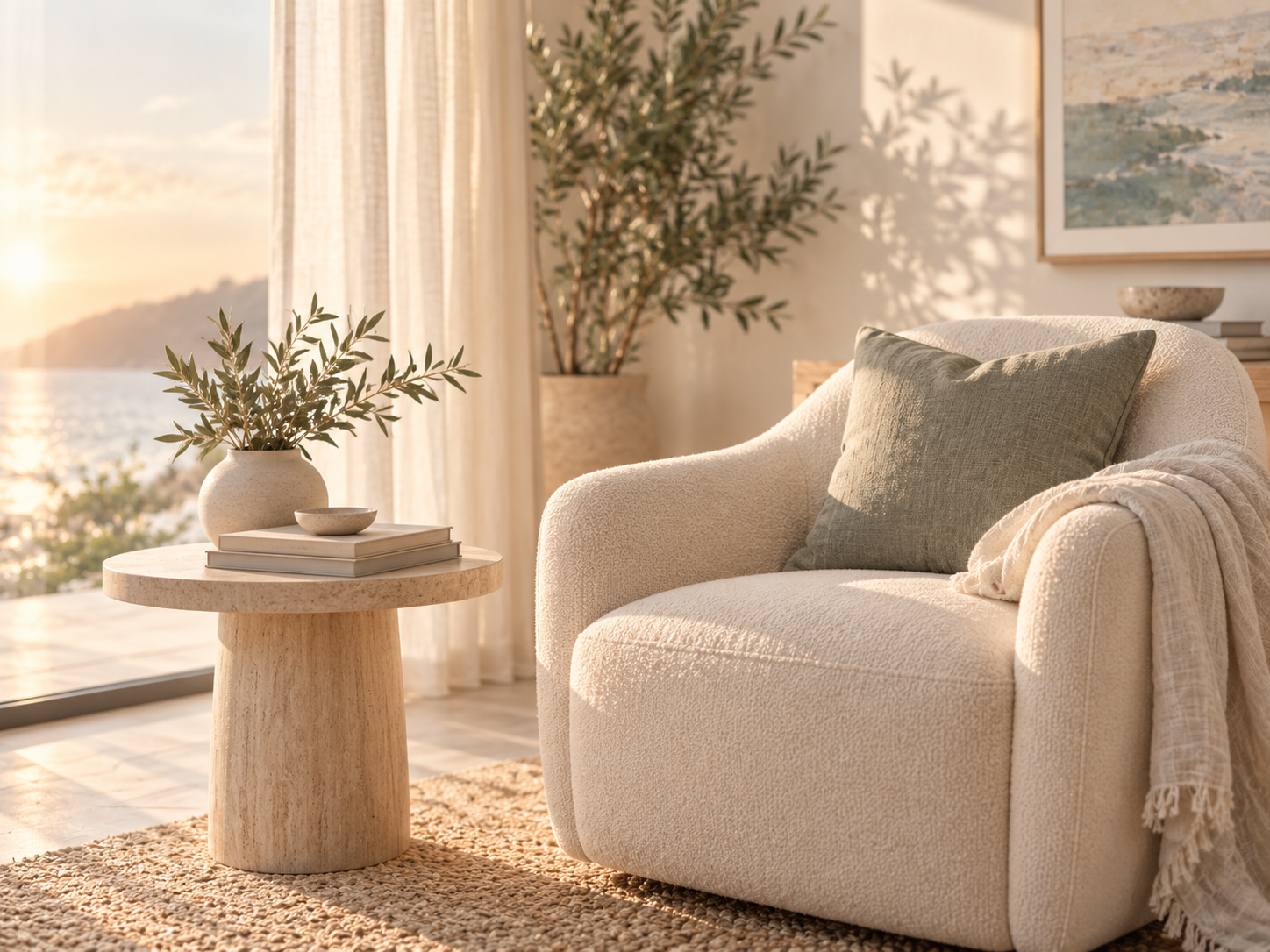A cozy living room corner with a cream-colored textured sofa, green pillow, beige throw blanket, round wooden side table with a potted plant, books, and a small bowl. Sunlight streams through a large window, casting shadows of plants onto the wall, with a view of water and mountains outside.