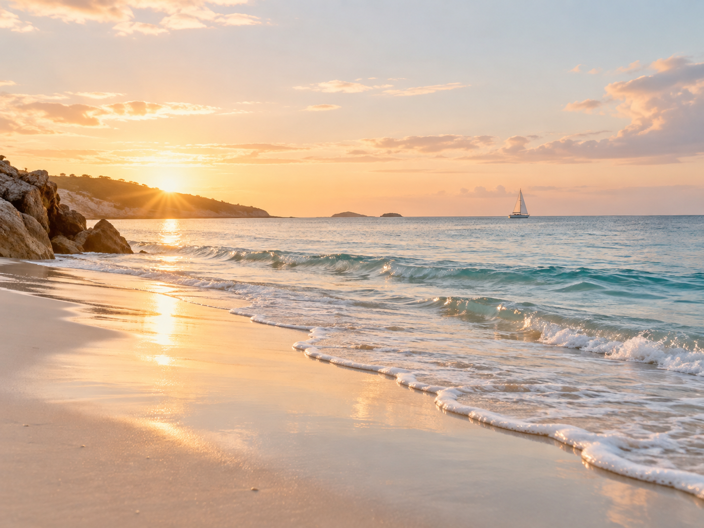 Sunset over a beach with gentle waves, rocky cliffs on the left, a sailboat in the distance, and a sky with scattered clouds.