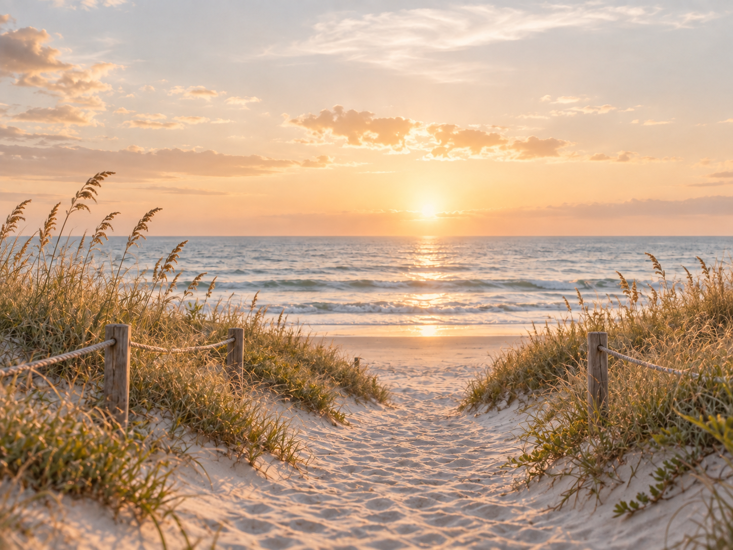 Sunset over the ocean viewed from a sandy beach path lined with wooden posts and rope, with sea oats in the foreground and soft clouds in the sky.