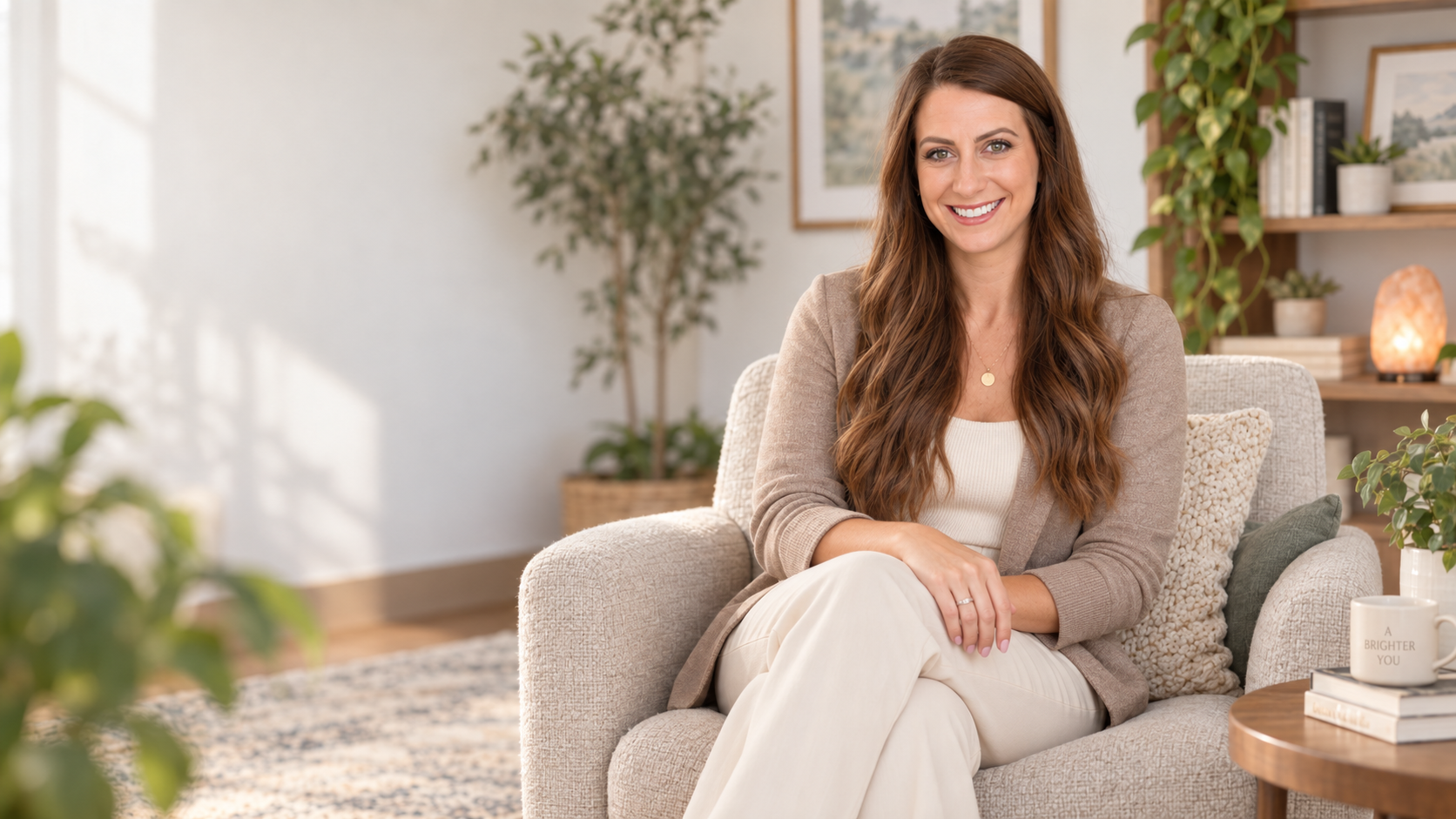 A woman with long wavy brown hair sitting on a beige sofa in a bright living room, smiling at the camera. There are plants, framed art, and a salt lamp in the background.