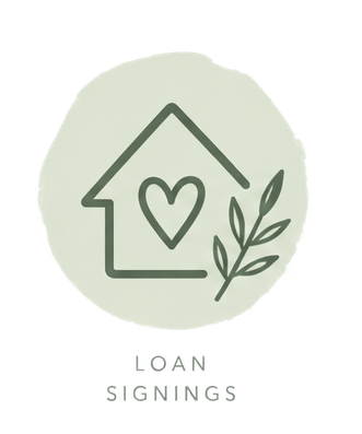 A grey circular logo with a house and heart design in the center, and a leafy branch on the right side. Text below reads 'LOAN SIGNINGS.'