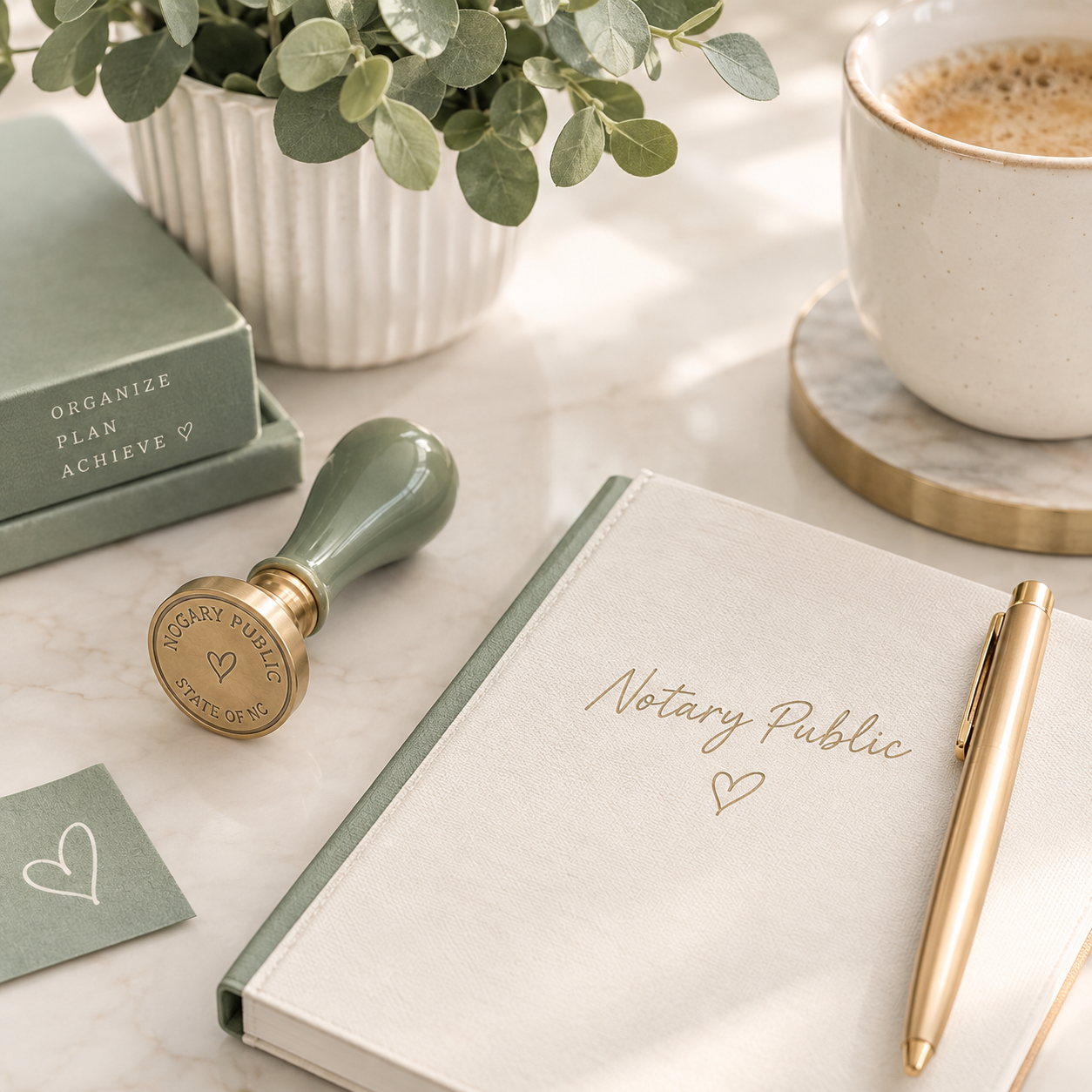 A notary public book with a gold pen, a sealed stamp, a cup of coffee on a marble coaster, a potted plant, and motivational planner books on a marble desk.